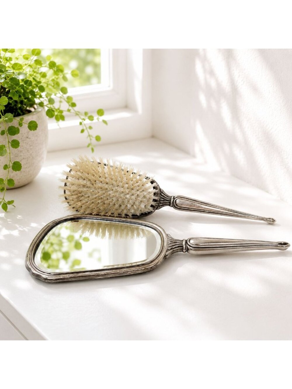 Vintage Silver-Plated Hand Mirror & Brush Set With Ornate Floral Design